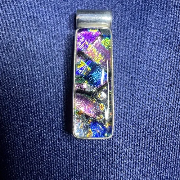 Pendant*Dichroic Glass 925 Solid Sterling Silver Setting Colorful Bar - Picture 2 of 11